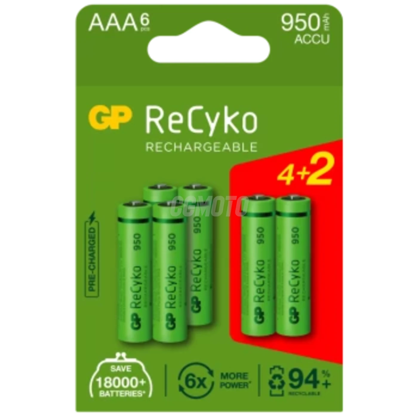 6 rechargeable NIMH batteries AAA 1,2 V Recyko 950 mAh